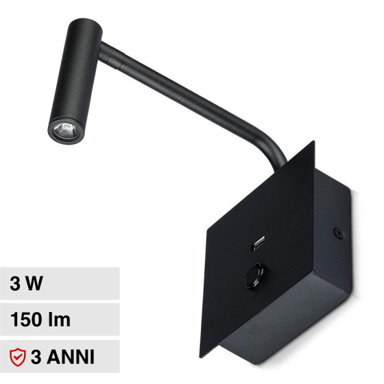 VT-2943 Lampada LED da Muro 3W COB Porta USB Nera V-Tac VT-2943 Lampada LED da Muro 3W COB Porta USB Nera V-Tac