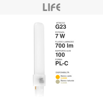 Lampada LED SMD Tower PL-C da 7W attacco G23 a 2 Pin Life