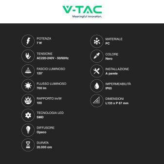 VT-831 Lampada LED da Muro 7W SMD Applique Nera V-Tac IP65