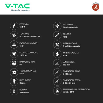 VT-813 Lampada LED da Parete 13,5W SMD Colore Nero V-Tac