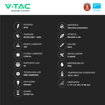 VT-138S Faro LED 30W SMD Chip Samsung con Sensore IP65 V-Tac