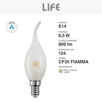 Lampadina LED E14 6,5W Candela CF35 Filament in Vetro Milky Life