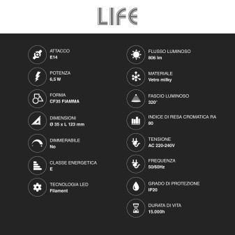 Lampadina LED E14 6,5W Candela CF35 Filament in Vetro Milky Life