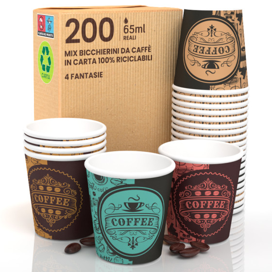 200 Bicchierini da Caffè in Carta Riciclabile PubCup Mix da 65ml 200 Bicchierini da Caffè in Carta Riciclabile PubCup Mix da 65ml
