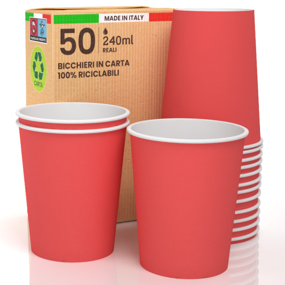 50 Bicchieri in Carta Biodegradabile Rosso da 240ml 50 Bicchieri in Carta Biodegradabile Rosso da 240ml