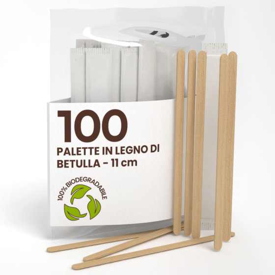 100 Palettine da Caffè Sigillate in Legno di Betulla Biodegradabile 100 Palettine da Caffè Sigillate in Legno di Betulla Biodegradabile