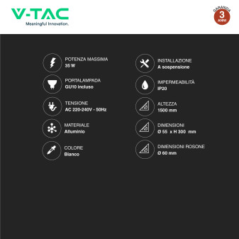 V-Tac VT-976 Lampadario con Portalampada Per GU10 in Alluminio Bianco