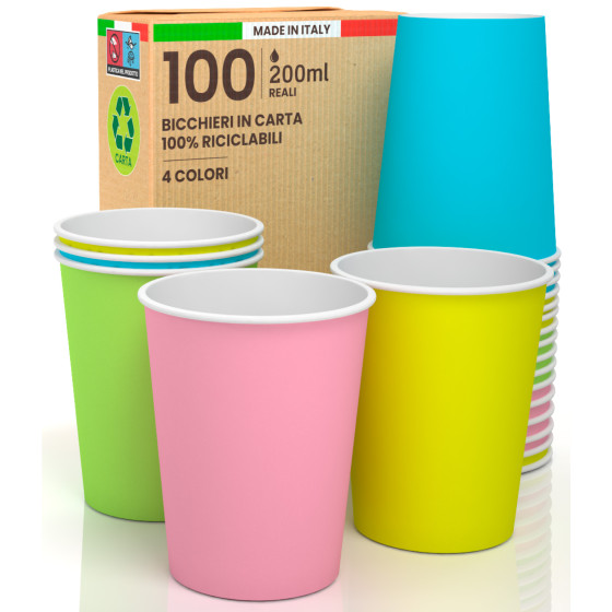 100 Bicchieri in Carta Riciclabile Verde Rosa Azzurro e Giallo 200ml 100 Bicchieri in Carta Riciclabile Verde Rosa Azzurro e Giallo 200ml