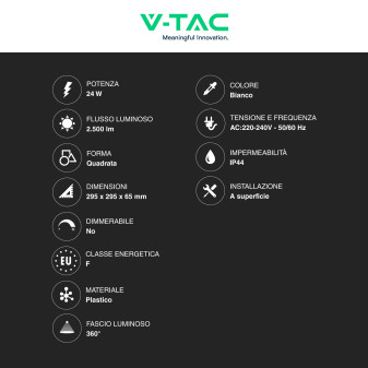 VT-8624 Plafoniera LED Quadrata 24W SMD IP44 Colore Bianco V-Tac