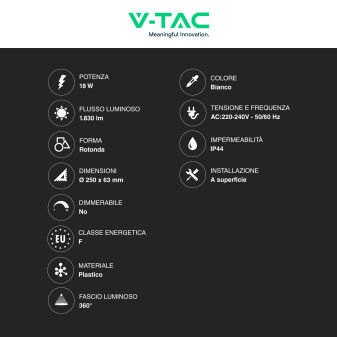 VT-8618 Plafoniera LED Rotonda 18W SMD IP44 Colore Bianco V-Tac