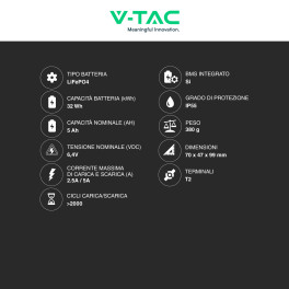 V-Tac VT-6.4V5AH-L Batteria LiFePO4 6,4V 5Ah - SKU 11943