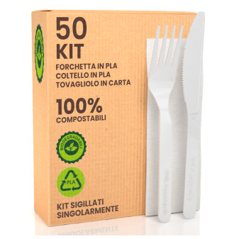 Set di Posate Ecologico in PLA Forchetta Coltello Tovagliolo Compostabili...