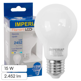 Imperia Lampadina LED E27 15W Goccia A60 Filament 163 lm/W in Vetro Bianco -...