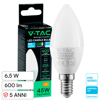 V-Tac Pro VT-268 Lampadina LED E14 6,5W Candela C37 SMD Chip Samsung - SKU...