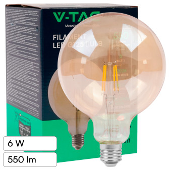 V-Tac VT-1956 Lampadina LED E27 6W Globo G125 Filament in Vetro Ambrato - SKU...