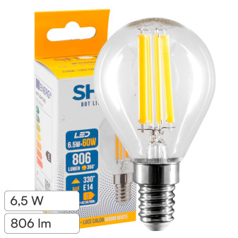 Bot Lighting Lampadina LED E14 6,5W MiniGlobo P45 Filament in Vetro...