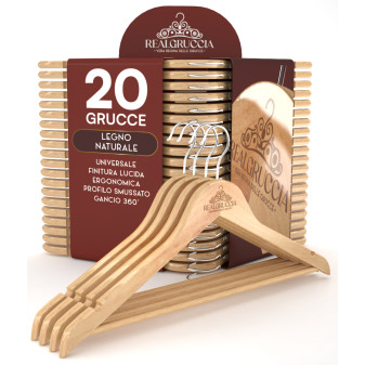 20 Grucce in Legno Naturale con Barra Portapantaloni e Tacche Antiscivolo...