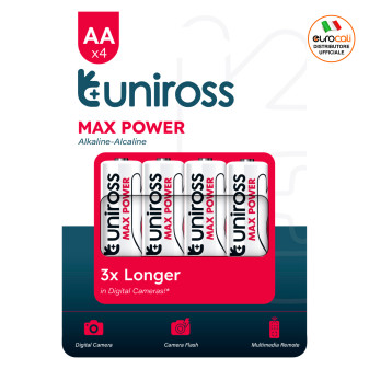 Uniross Max Power Pile Alcaline Stilo AA LR6 Mignon 1,5V per Sveglie Orologi...