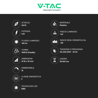 V-Tac VT-247D Lampadina LED GU10 6W Faretto PAR16 SMD Dimmerabile