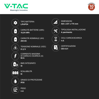 V-Tac Batteria BMS LiFePO4 51,2V 200Ah 10,24kWh