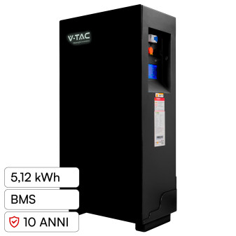 V-Tac Batteria BMS LiFePO4 51,2V 100Ah 5,12kWh Garanzia 10 Anni Nero