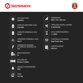 Sossen Batteria BMS LiFePO4 44,8V 50Ah 2,24kWh IP65 Balcone CEI 0-21