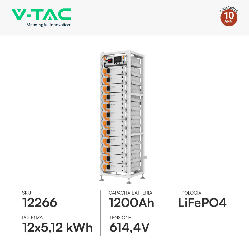 V-Tac Kit 12 Batterie BMS Stack LiFePO4 Fotovoltaico Rack con Base