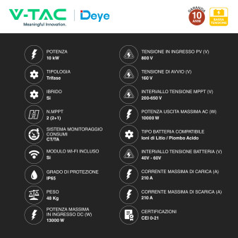 V-Tac Deye Inverter Trifase Ibrido 10kW IP65 CEI 0-21 SKU 12307