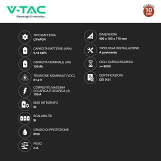 V-Tac Batteria BMS LiFePO4 51,2V 100Ah 5,12kWh Garanzia 10 Anni