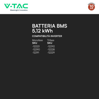 V-Tac Batteria BMS LiFePO4 51,2V 100Ah 5,12kWh Garanzia 10 Anni