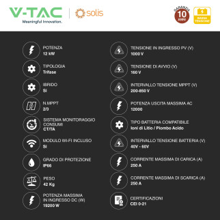 V-Tac Inverter Trifase Ibrido On-Grid / Off-Grid 12kW IP66