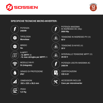 Sossen Microinverter Monofase On-Grid 2400W IP67 da Balcone CEI 0-21
