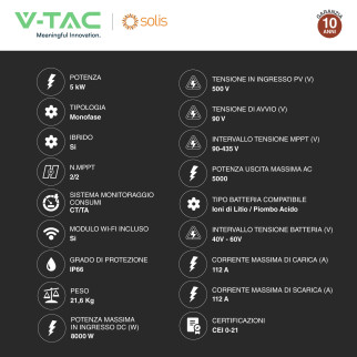 V-Tac Inverter Monofase Ibrido On-Grid / Off-Grid 5kW IP66