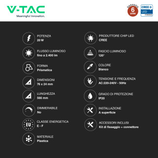 Tubo LED Prismatico 20W 60cm SMD Chip CREE V-Tac