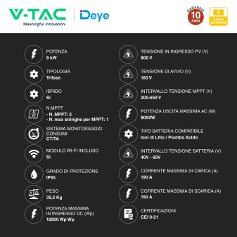 V-Tac Deye Inverter Trifase On-Grid / Off-Grid 8kW IP65