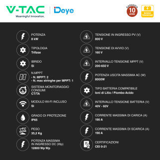 V-Tac Deye Inverter Trifase On-Grid / Off-Grid 8kW IP65