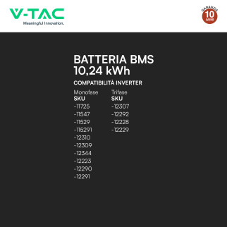 V-Tac Batteria BMS LiFePO4 51,2V 200Ah 10,24kWh per Inverter CEI 0-21
