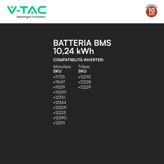 V-Tac Batteria BMS LiFePO4 51,2V 200Ah 10,24kWh Colore Nero
