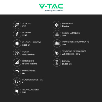 Lampadina LED E27 22W Globo G120 SMD V-Tac