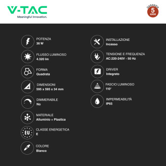 V-Tac VT-6235 6 Pannelli LED Quadrati 36W IP65 da Incasso