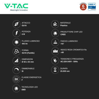 Faretto LED GU10 6W PAR16 SMD Chip CREE V-Tac