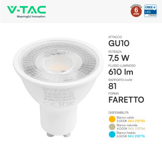 Faretto LED GU10 7,5W PAR16 SMD Chip CREE V-Tac