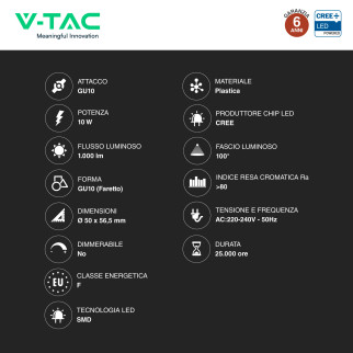 Faretto LED GU10 10W PAR16 SMD Chip CREE V-Tac