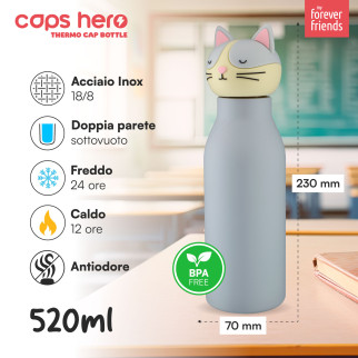 CapsHero Borraccia Termica Bambini Senza BPA 520ml Gatto Cat Cleo