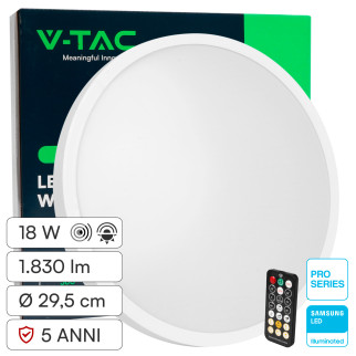 Plafoniera LED 18W SMD Samsung IP44 con Sensore V-Tac Pro