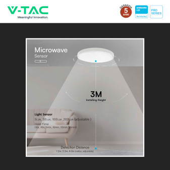 Plafoniera LED 18W SMD Samsung IP44 con Sensore V-Tac Pro
