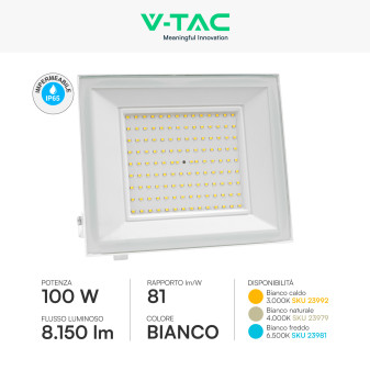 Faro LED 100W SMD IP65 Colore Bianco V-Tac VT-44109