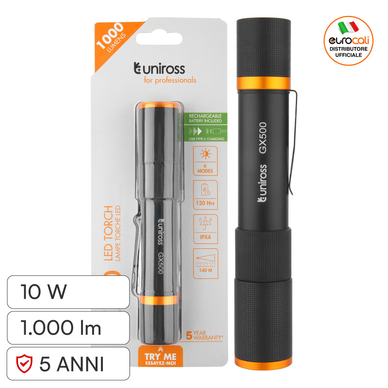 Uniross GX500 Torcia LED 10W Multifunzione Ricaricabile IPX4