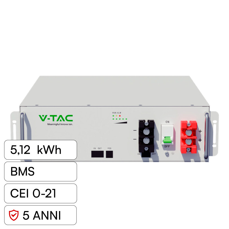 V-Tac Batteria BMS LiFePO4 51,2V 100Ah 5,12kWh Garanzia 5 Anni V-Tac Batteria BMS LiFePO4 51,2V 100Ah 5,12kWh Garanzia 5 Anni
