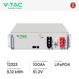 V-Tac Batteria BMS LiFePO4 51,2V 100Ah 5,12kWh Garanzia 5 Anni V-Tac Batteria BMS LiFePO4 51,2V 100Ah 5,12kWh Garanzia 5 Anni